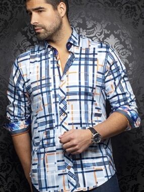 Au Noir Dieter Blue- Orange  Various Strips Fitted button down Dressy Shirt.
